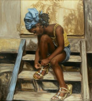 Painting of a young girl sitting on wooden steps, adjusting her sandal, wearing a blue headwrap and yellow top.