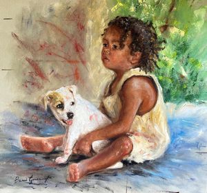 Oil painting of a young child sitting on the floor with a white and brown puppy in a colorful setting.