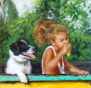 A young curly-haired girl eating a snack beside a black and white dog resting on a colorful ledge outdoors.