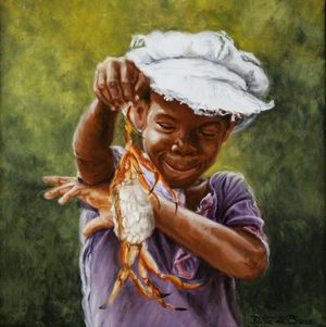 Painting of a smiling child wearing a white hat, proudly holding a large orange crab with both hands.