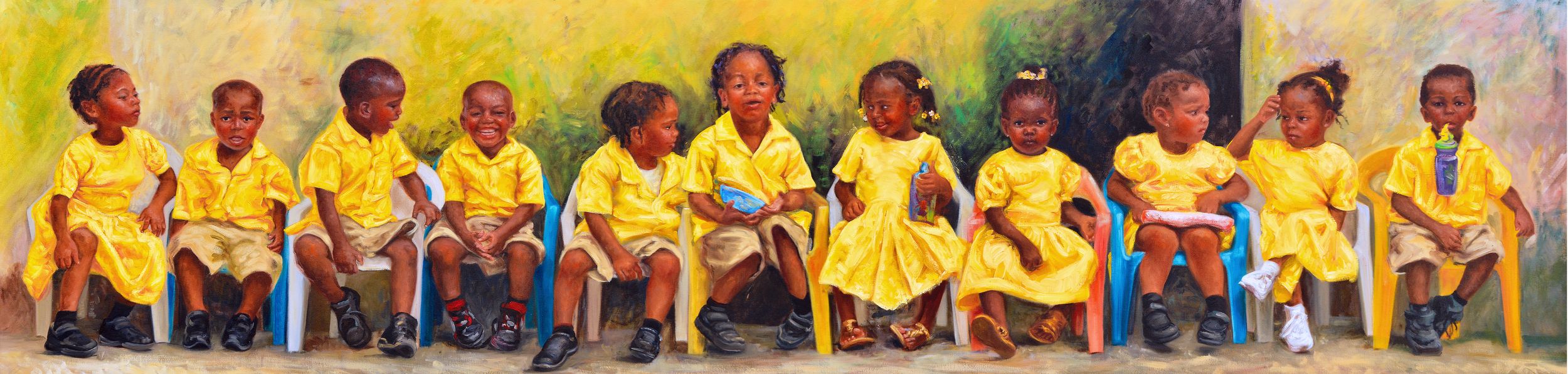 Children in matching yellow outfits seated in a row, vibrant painting depicting joyful African kids.