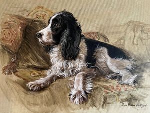 Black and white Springer Spaniel dog resting on decorative cushions in a classic painted portrait artwork.