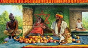 Rastafarian men and children gather around a pile of oranges under a shelter with a Star of David symbol.