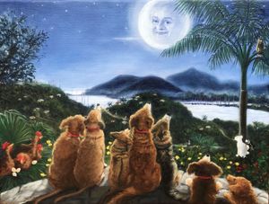 Painting of dogs and cats gazing at a smiling full moon over a serene moonlit landscape with mountains and palm trees.