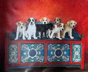 Painting of seven puppies sitting on a decorative Asian-style bench with floral motifs against a red background.