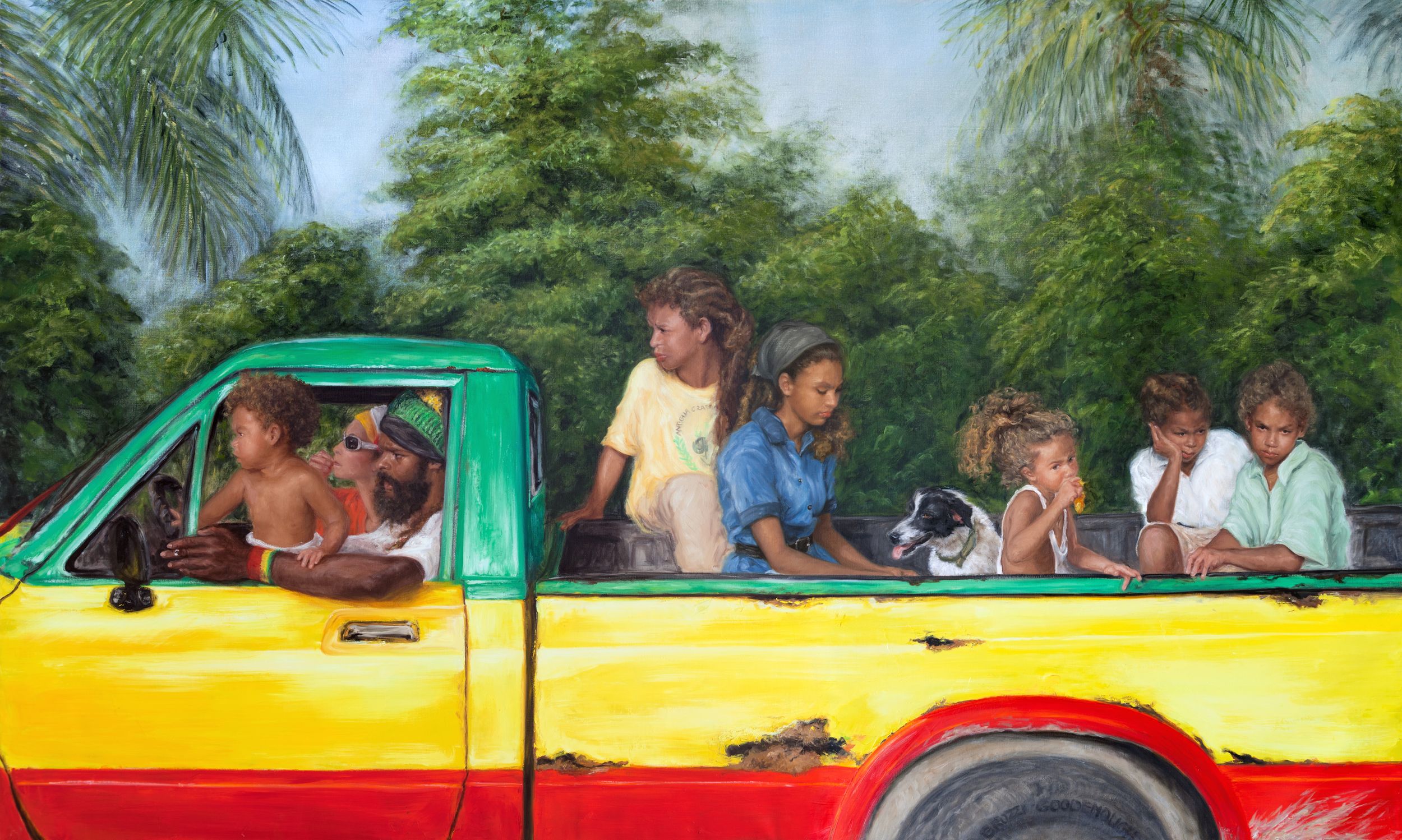 Painting of children riding in the bed of a colorful yellow and red pickup truck surrounded by tropical green trees.