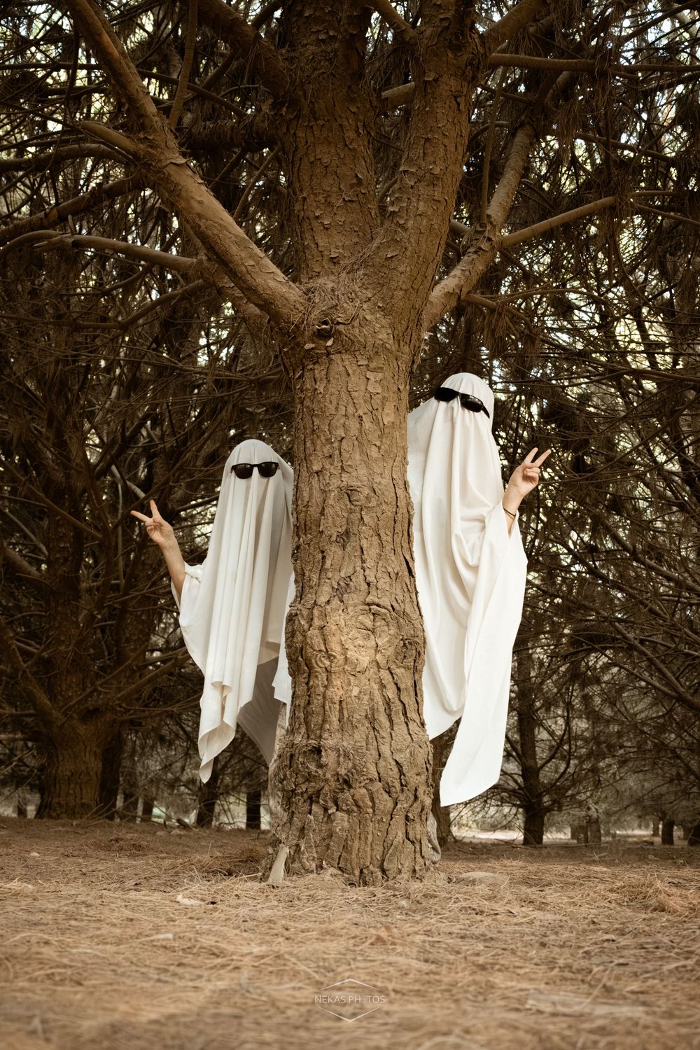 Two people dressed as ghosts with white sheets near a tree in a forest, making peace signs for Halloween.