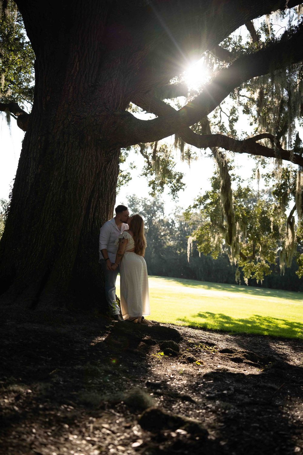 Couple kissing under a massive oak tree draped in Spanish moss, backlit by golden sunlight on a lush green lawn.