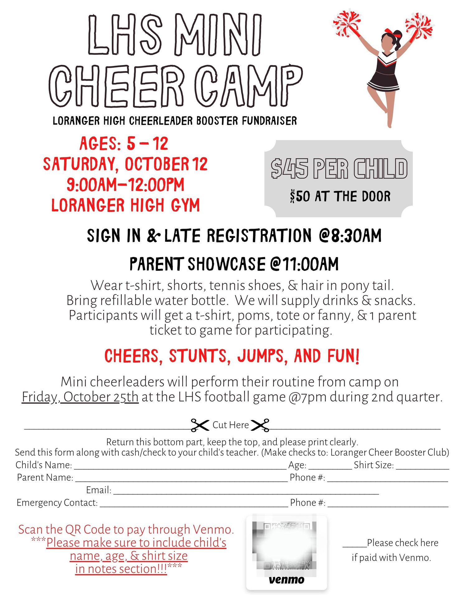 Flyer for LHS Mini Cheer Camp fundraiser on October 12, ages 5-12, at Loranger High Gym, $45 per child.