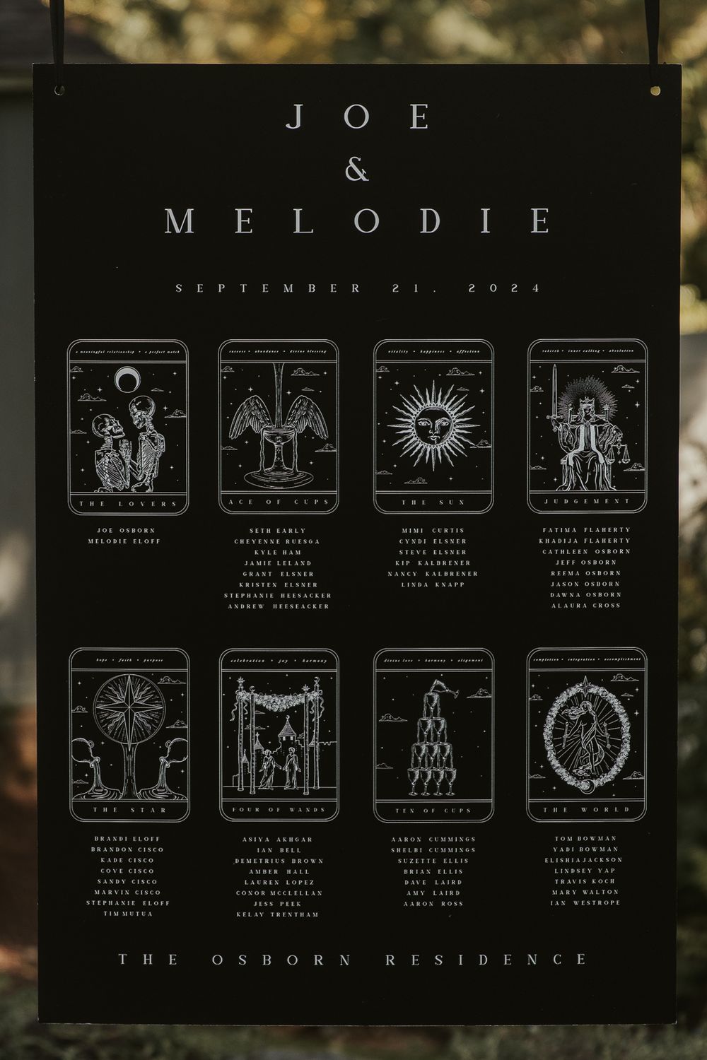 black wedding seating chart with tarot card theme
