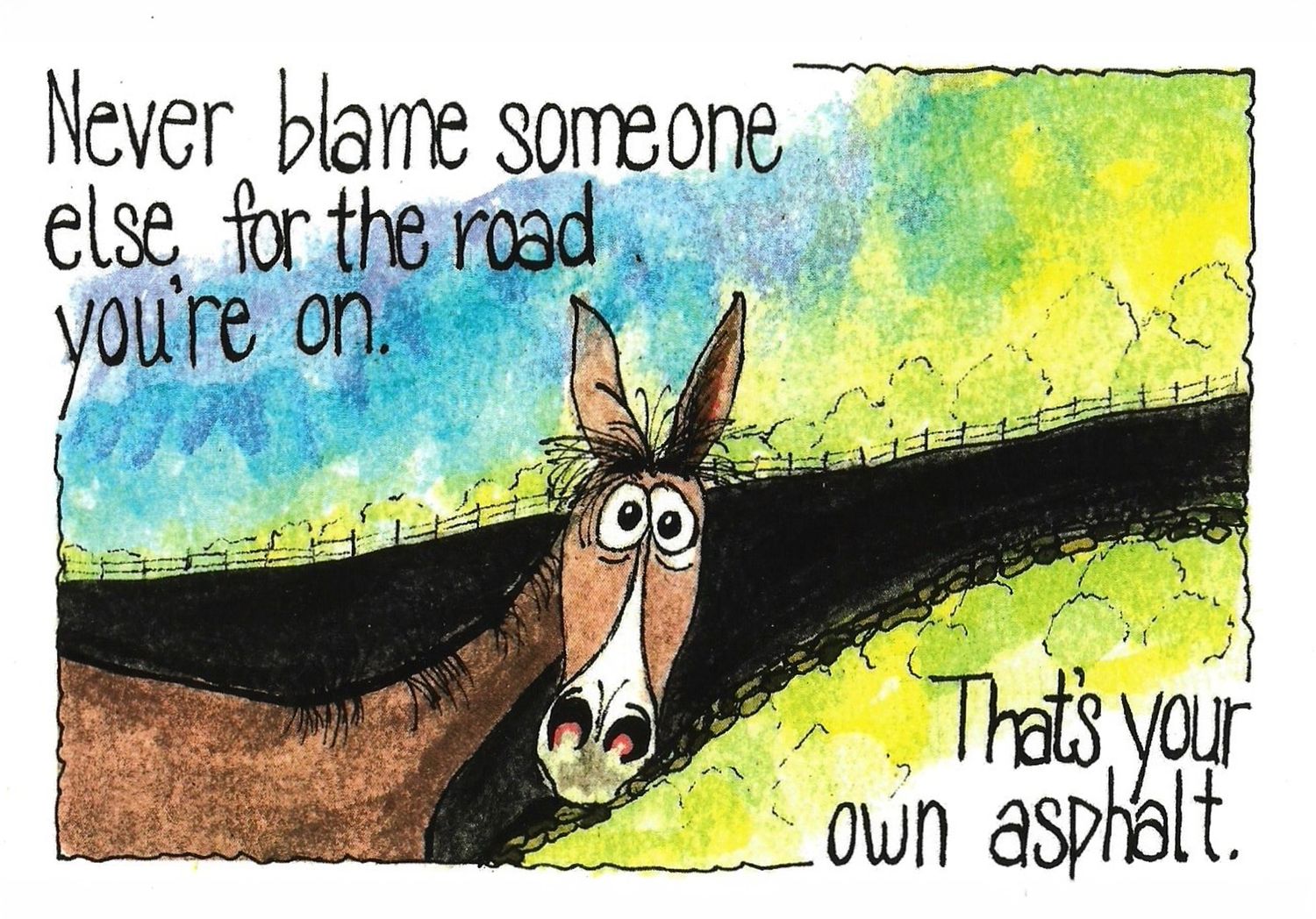 Watercolor comic strip featuring a donkey with speech bubbles against a colorful background.