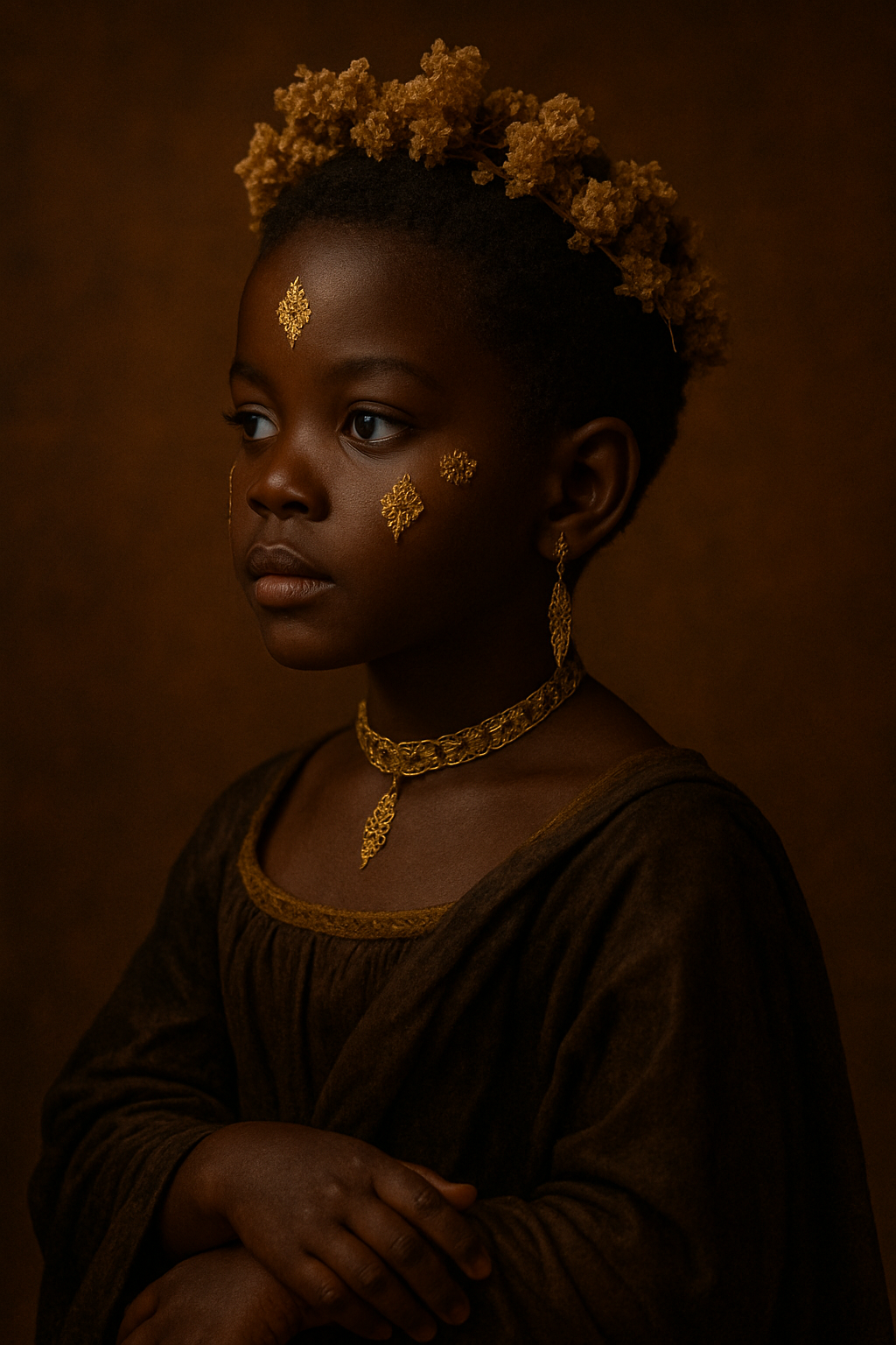 Portrait of a woman illuminated by symbolic golden light in a cultural fine-art style