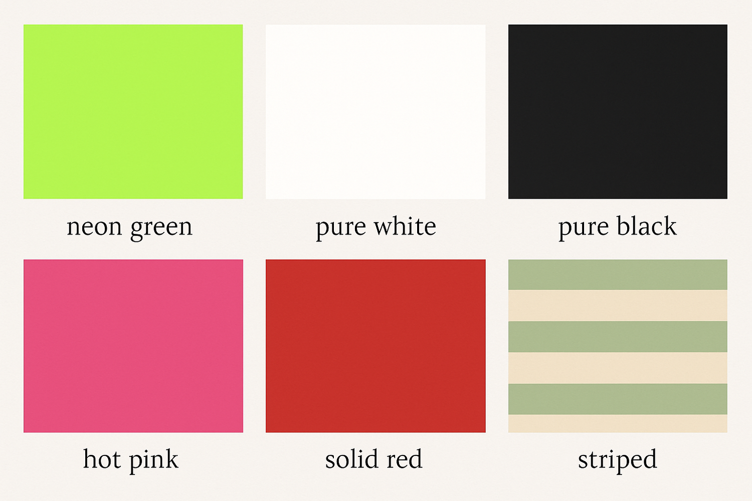 Color palette featuring neon green, white, black, pink, red and striped swatches.