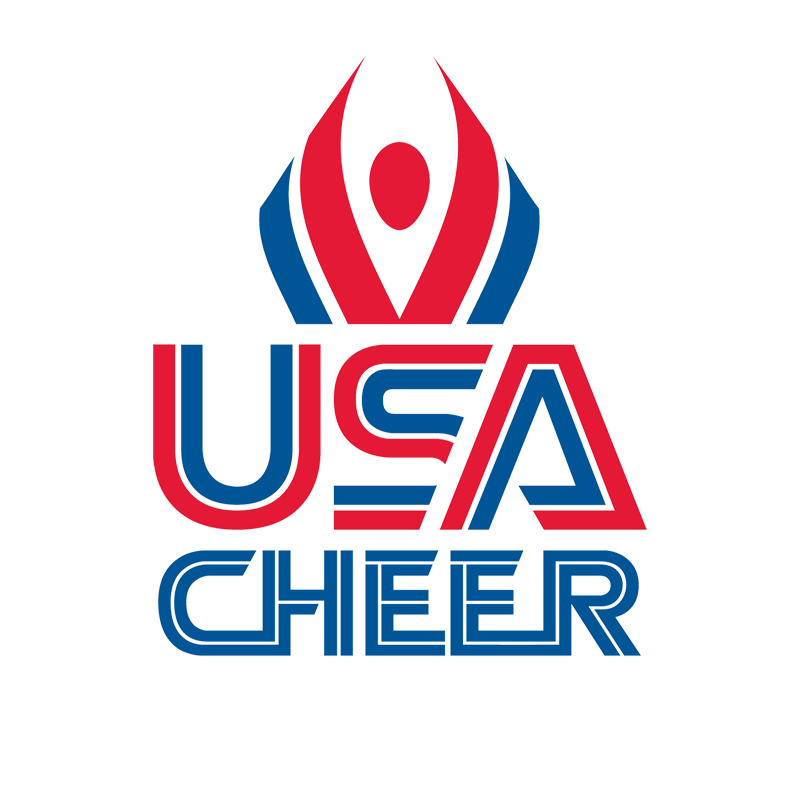 Red and blue logo design for USA Cheer organization with stylized figure in a V-shape formation.