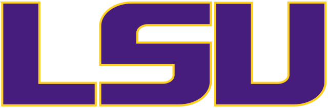 A purple and gold LSU university logo with angular block letters in the collegiate athletic style.