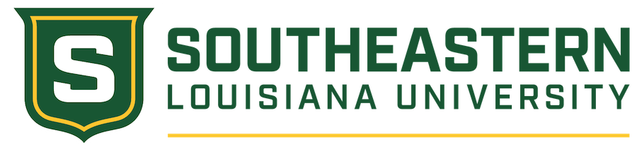 Southeastern Louisiana University logo featuring a green shield with white S and gold accent bar beneath.