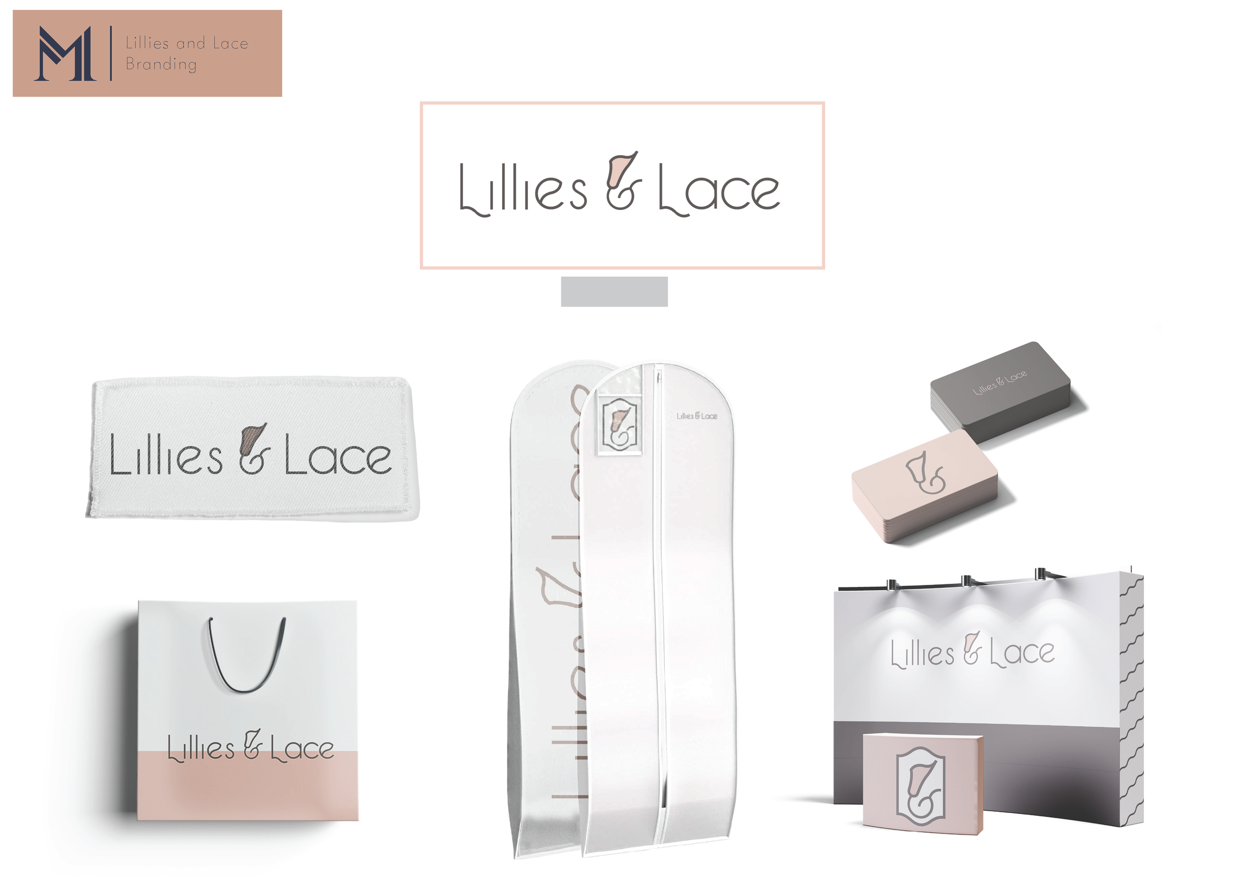 Brand identity mockup showing Lillies & Lace logo design on shopping bags, business cards and tags in soft pink and gray tones.