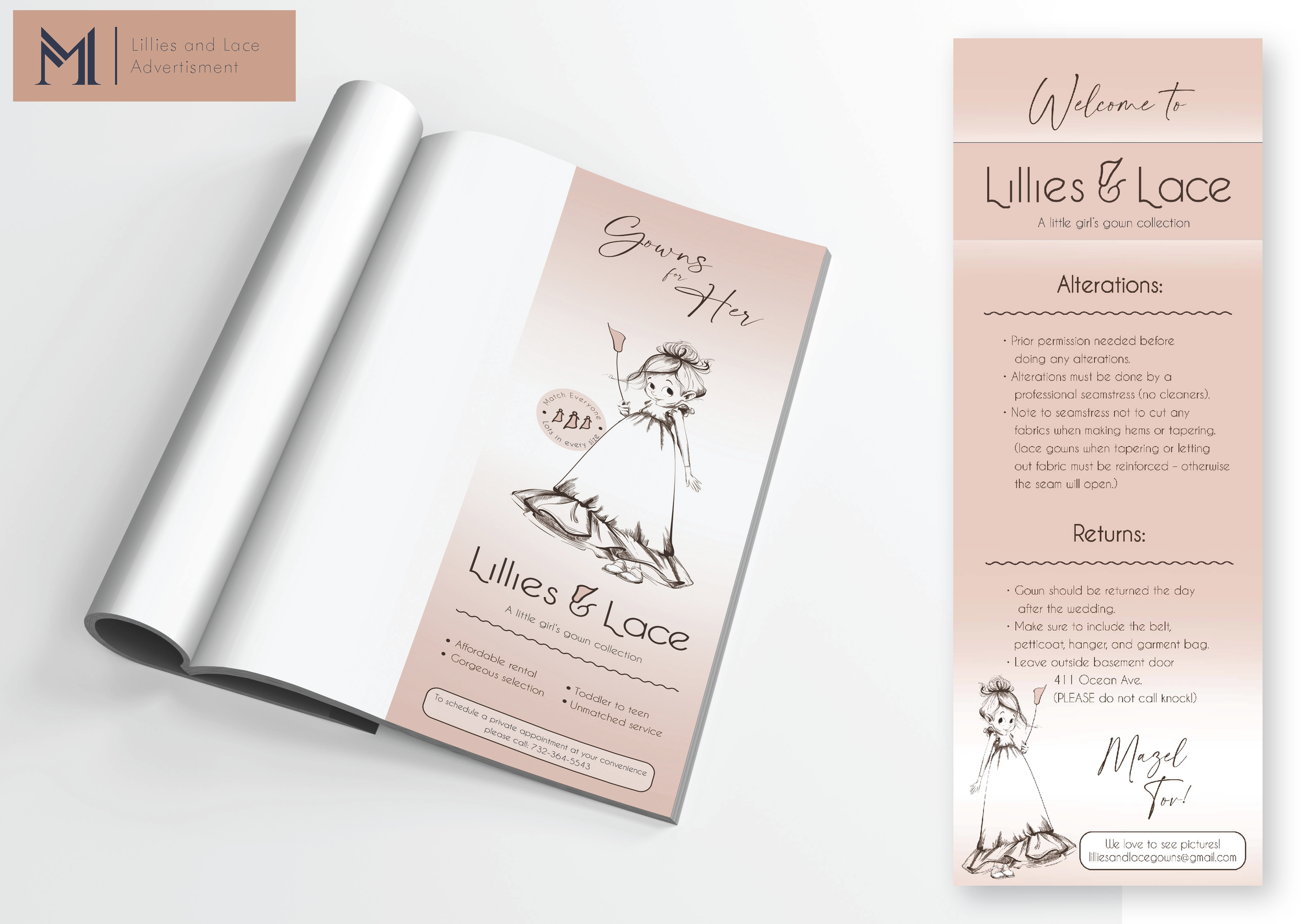 Elegant wedding stationery design mockup showing pink and white menu cards with delicate sketched illustrations.