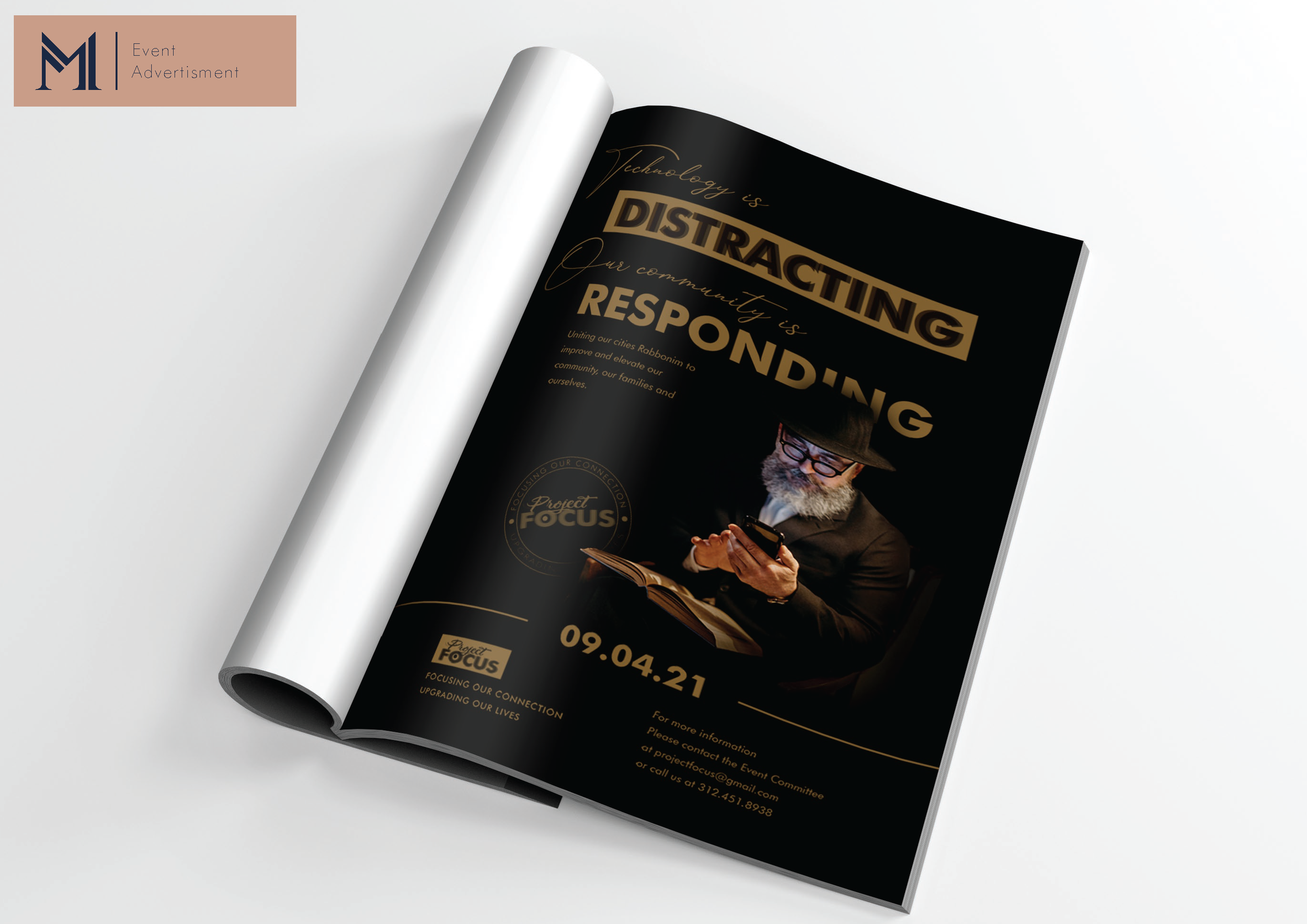 Mock-up of an elegant black magazine cover featuring a distracted cat design against a dark background.