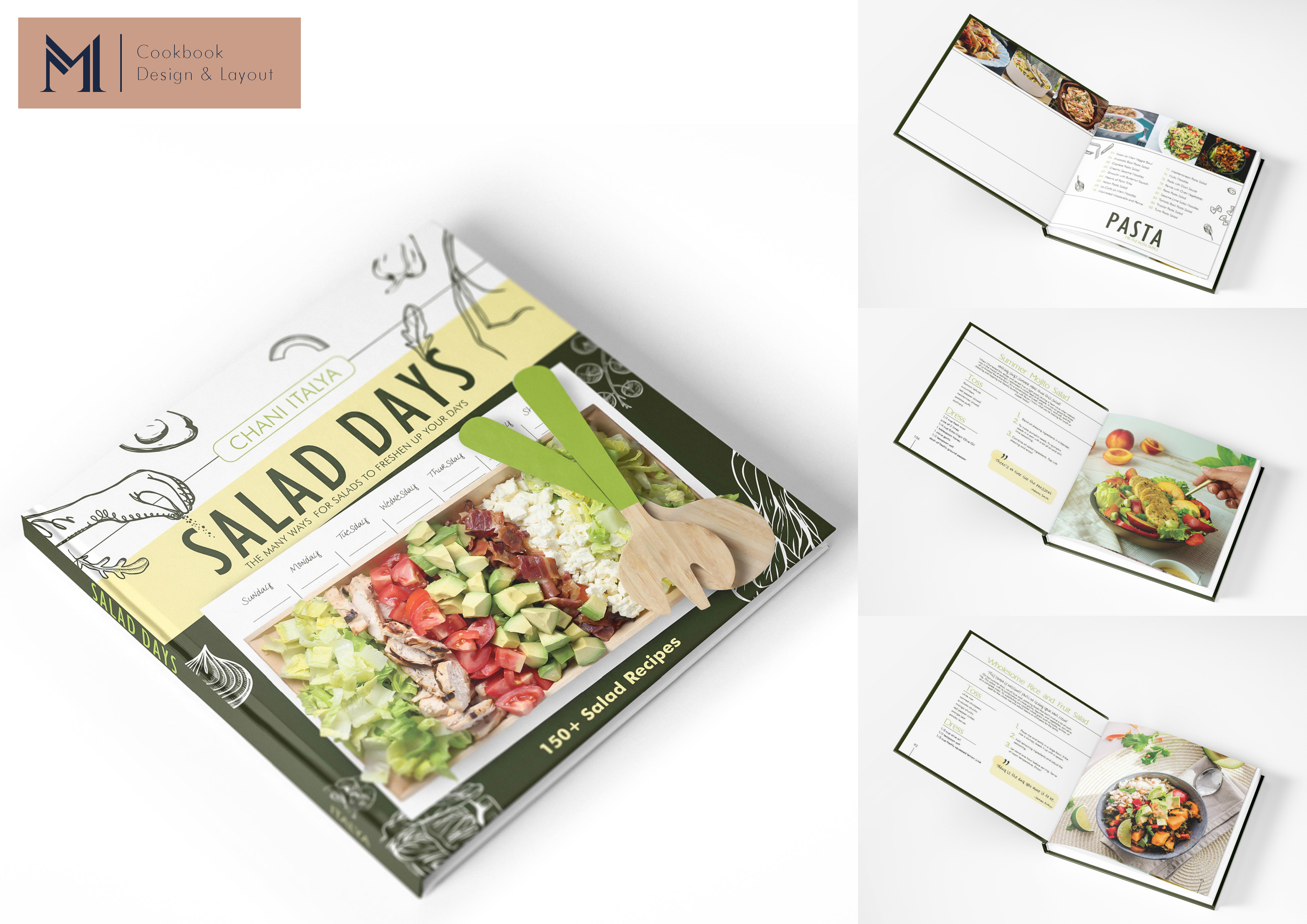 Overhead view of salad packaging design mockup with recipe cards and brand materials in white and green colors.