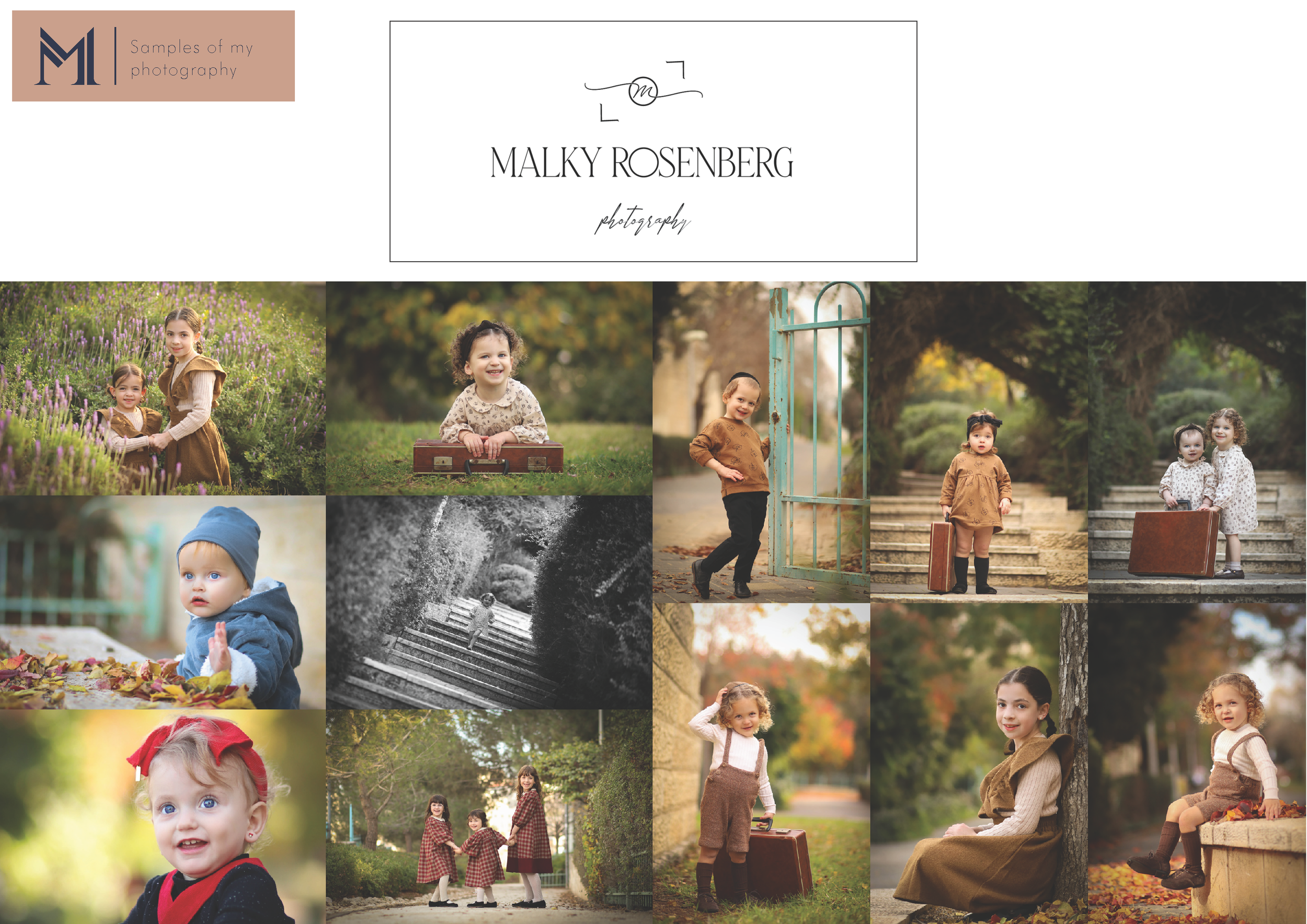 Professional family photo collage showcasing outdoor portraits in natural settings with vintage styling and soft lighting.