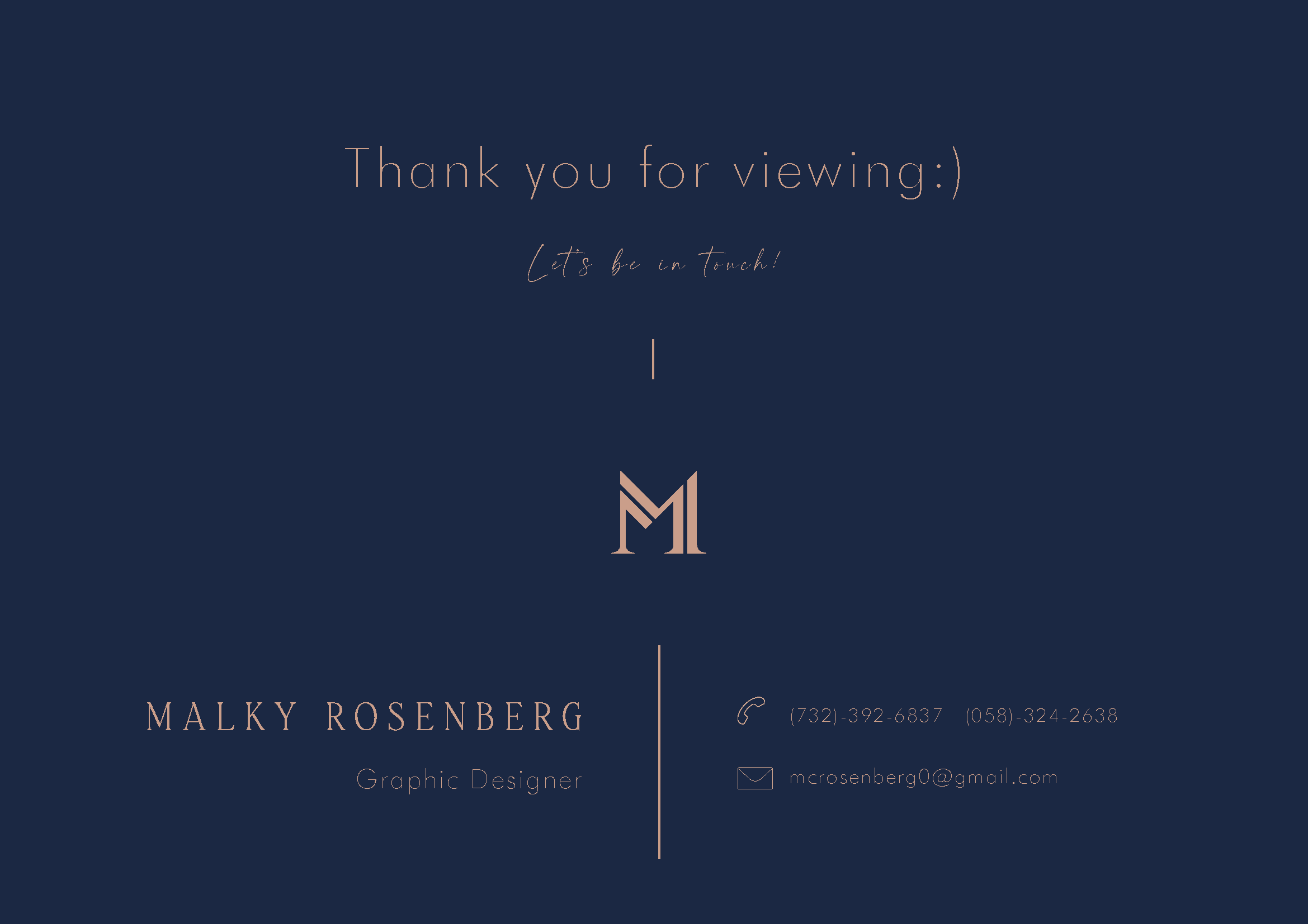 Navy blue minimalist business card design with rose gold monogram logo and text for Malry Rosenberg.