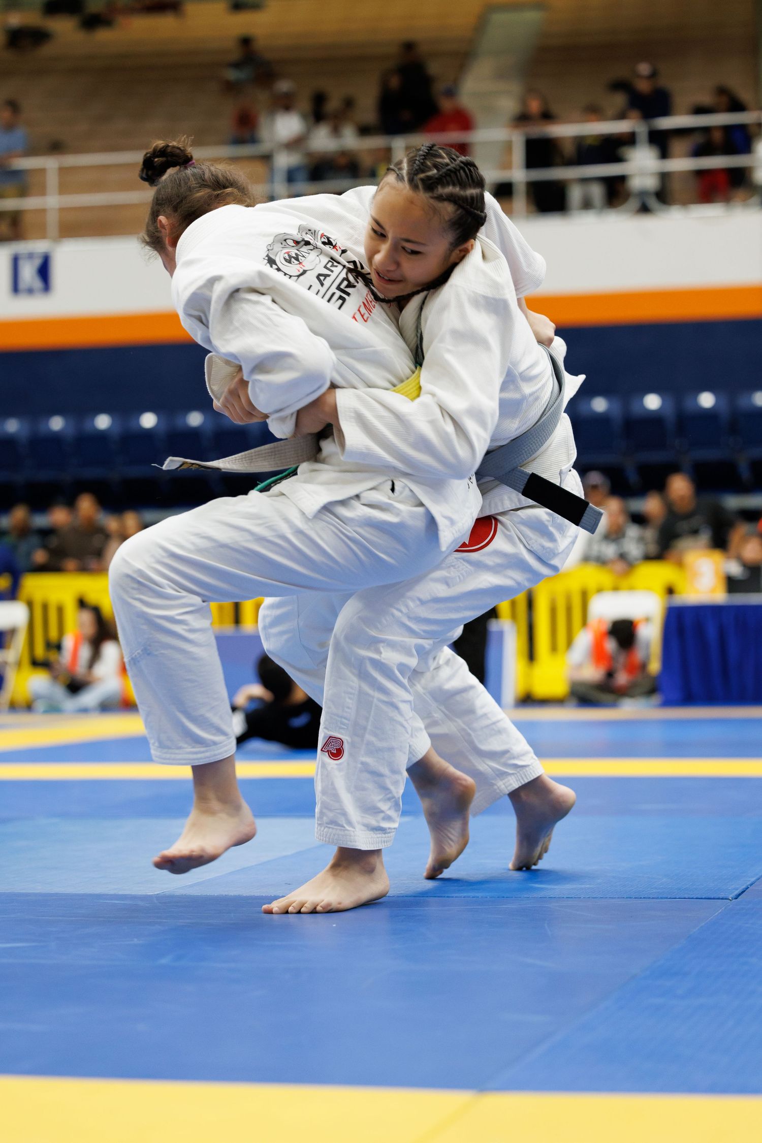 Martial artists in white gis perform synchronized kicking techniques on blue competition mats.