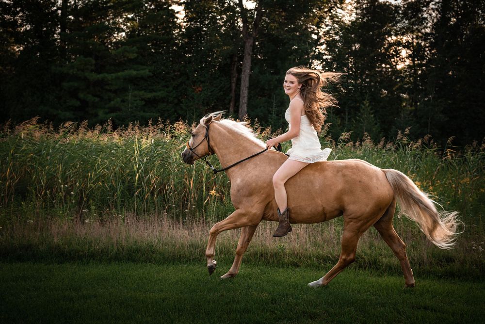 A rider in a flowing white dress gracefully rides bareback on a palomino horse through a serene forest at sunset.