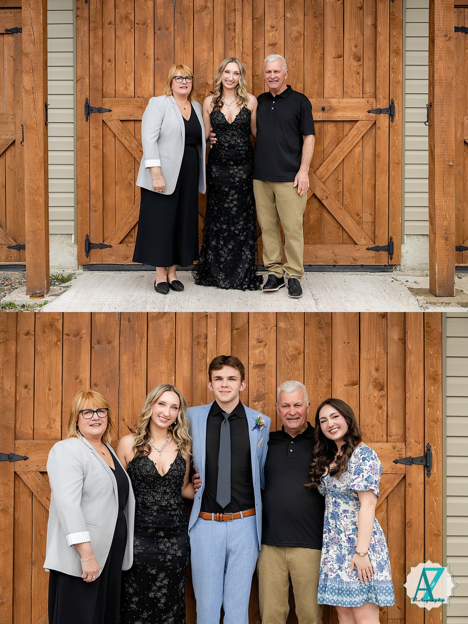 Group poses in front of rustic wooden barn doors for formal portraits.
