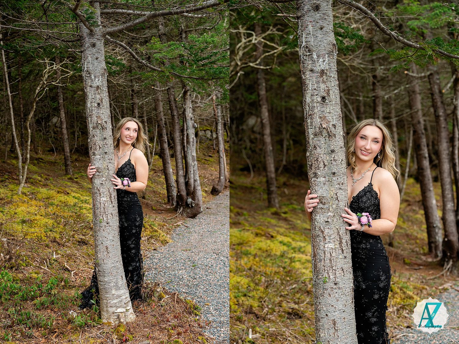 A set of outdoor portraits on a gravel path through a birch forest with moss-covered ground.