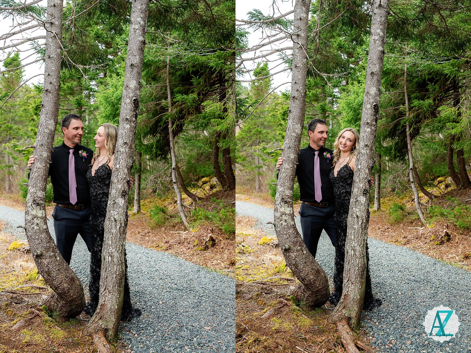 Two views of a well-dressed person in a suit standing on a gravel path between two trees in a lush forest setting.
