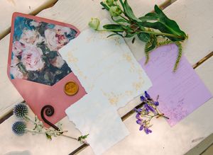 Artistically arranged dried flowers, leaves, and botanical elements laid out on pastel-colored paper backgrounds.