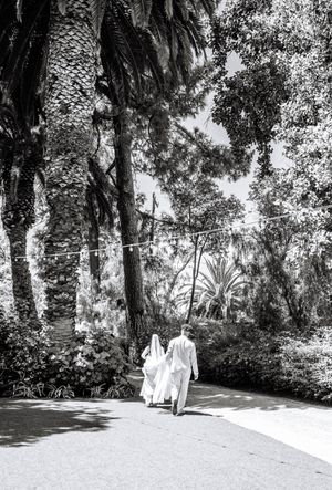 A series of misty garden path images showing couples in wedding attire walking through a lush tropical setting.