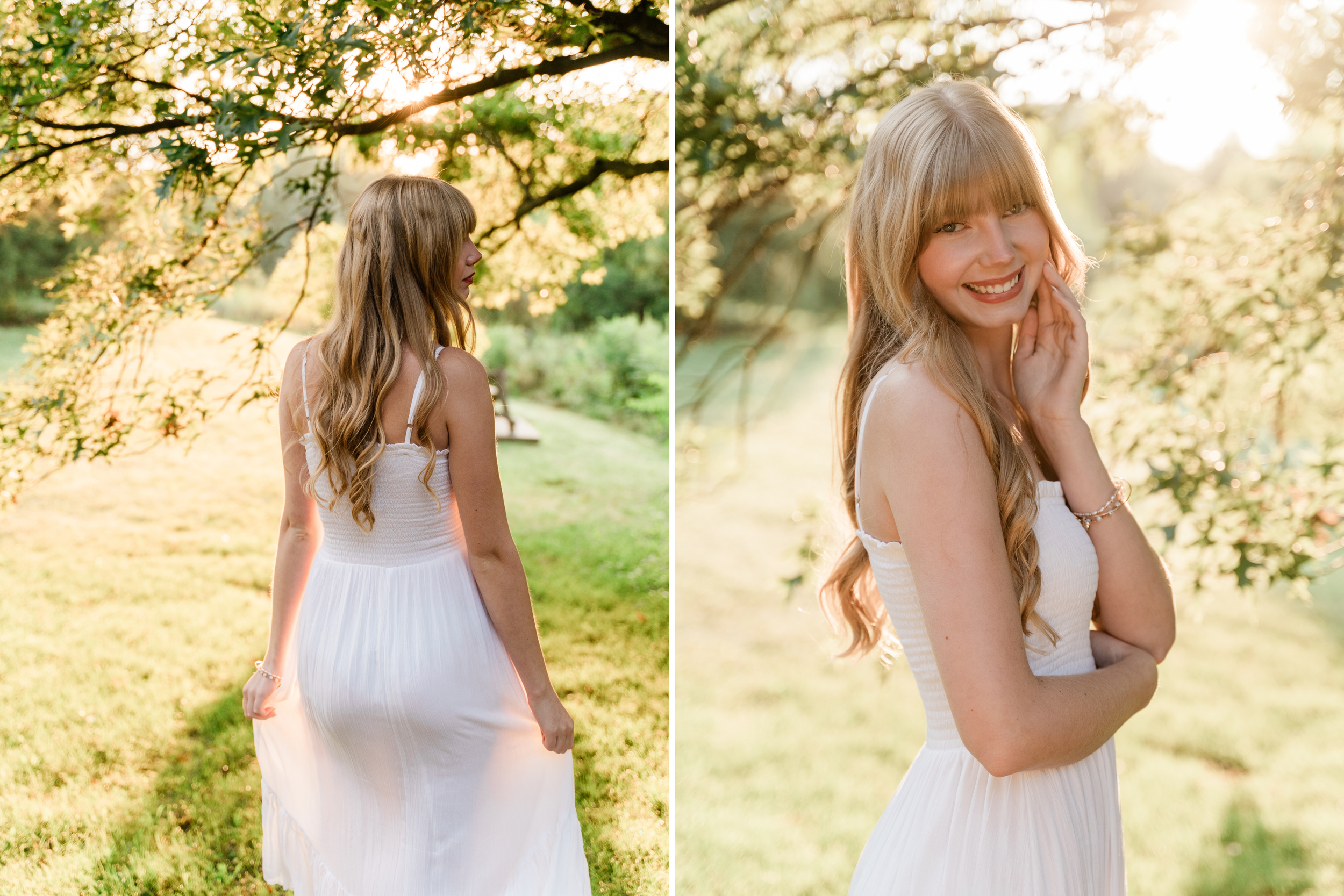 A woman wearing a flowing white dress walks through a sun-dappled garden path in warm golden light.