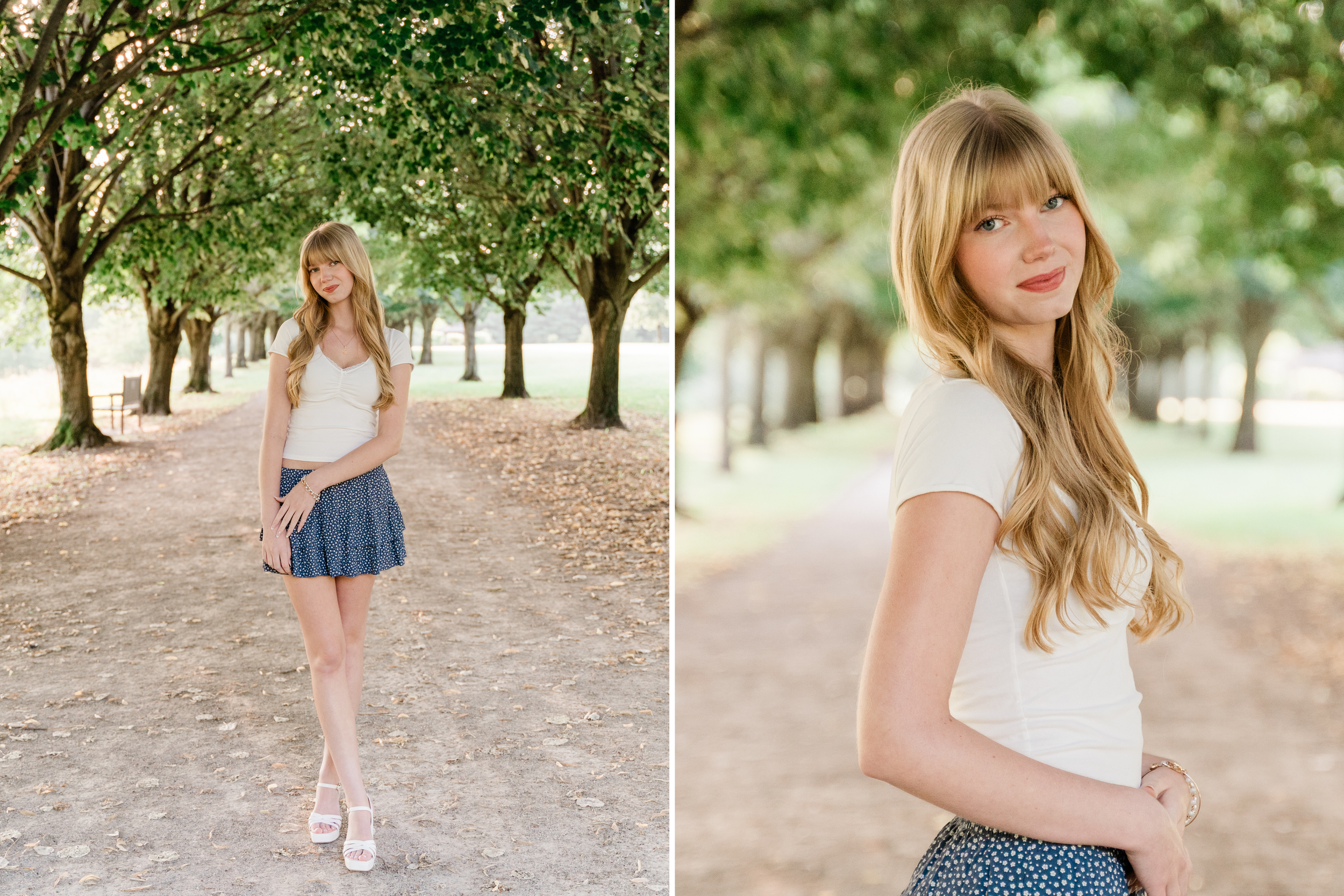A summer outdoor photography session featuring someone wearing blue skirts and white tops in a park setting.