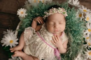 Newborn baby sleeping peacefully among white daisies and green foliage with delicate cream lace clothing.