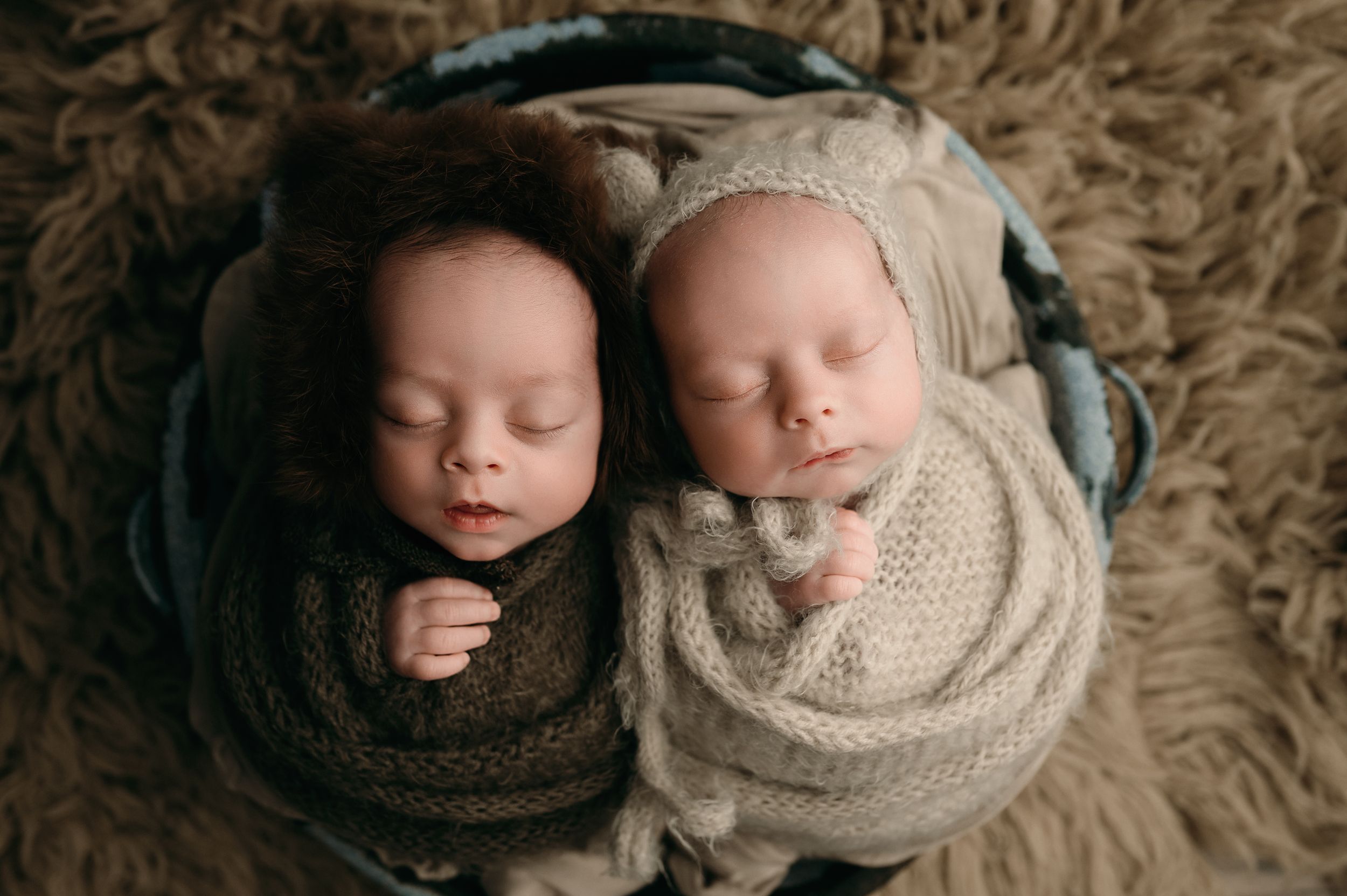 Baby photography series showing infants swaddled in brown and cream knitted blankets lying head to head in seven poses.