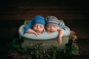 Two sleeping newborn babies wearing light blue knit hats rest peacefully in a white bowl with greenery accents.