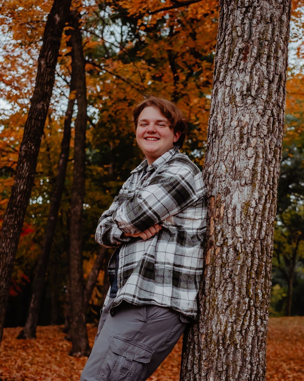 Someone in a plaid flannel shirt and gray pants leans against a large tree trunk surrounded by vibrant fall foliage.