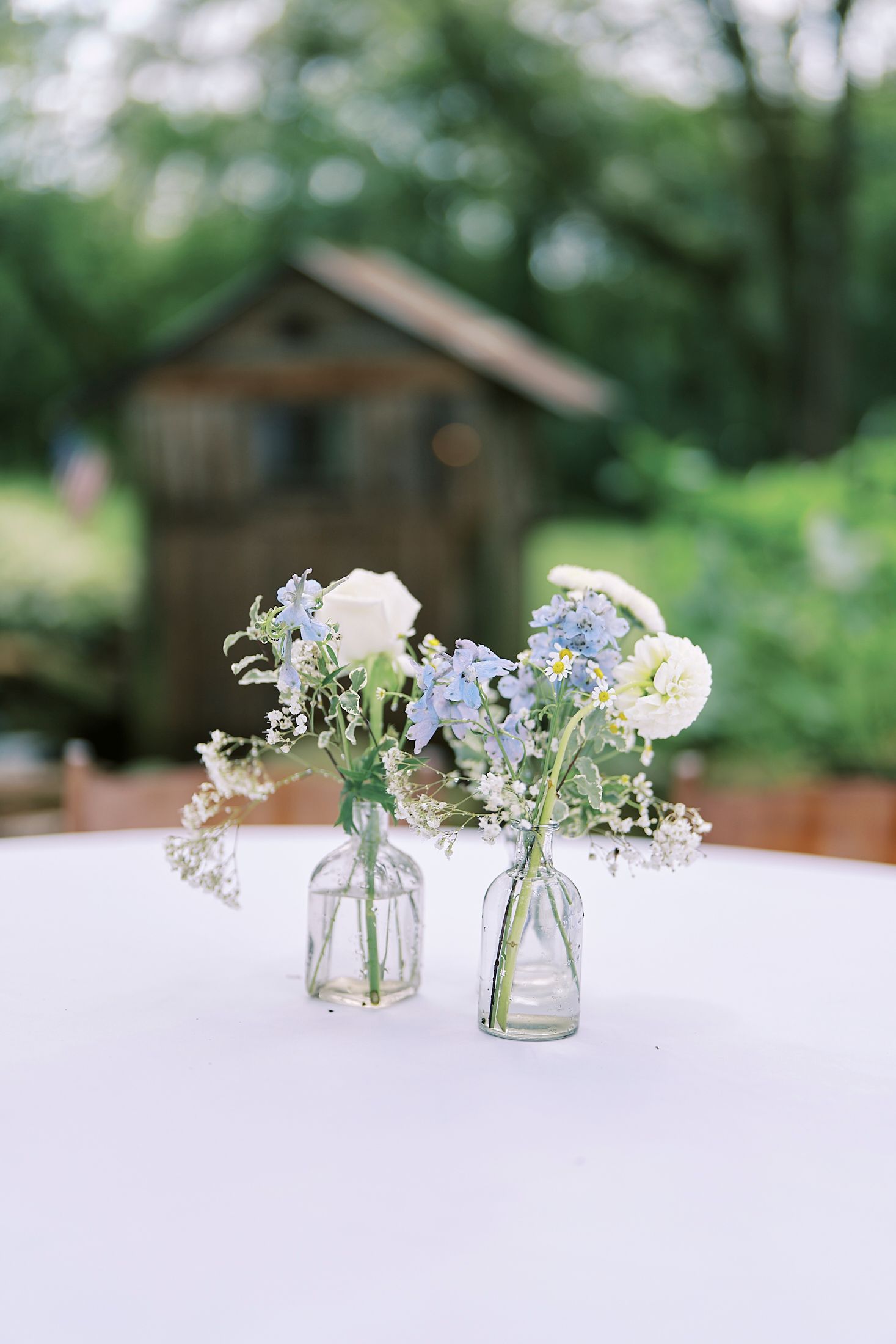 Delicate blue and white flowers arranged in small glass jars create a minimalist table centerpiece against a blurred background.