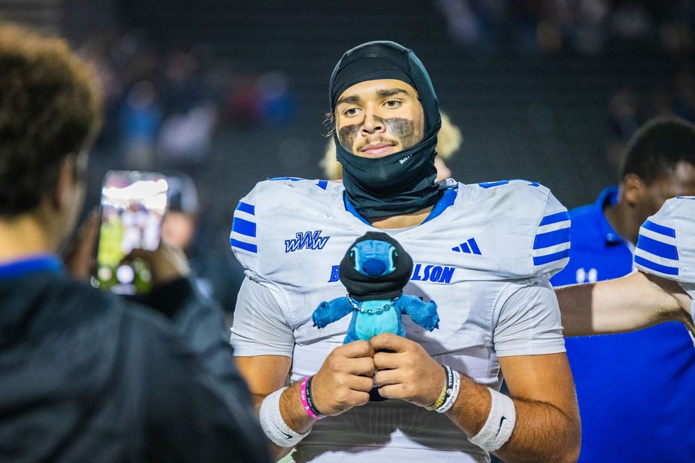 A collage of athletic players in blue and white uniforms putting on protective face masks before a game.