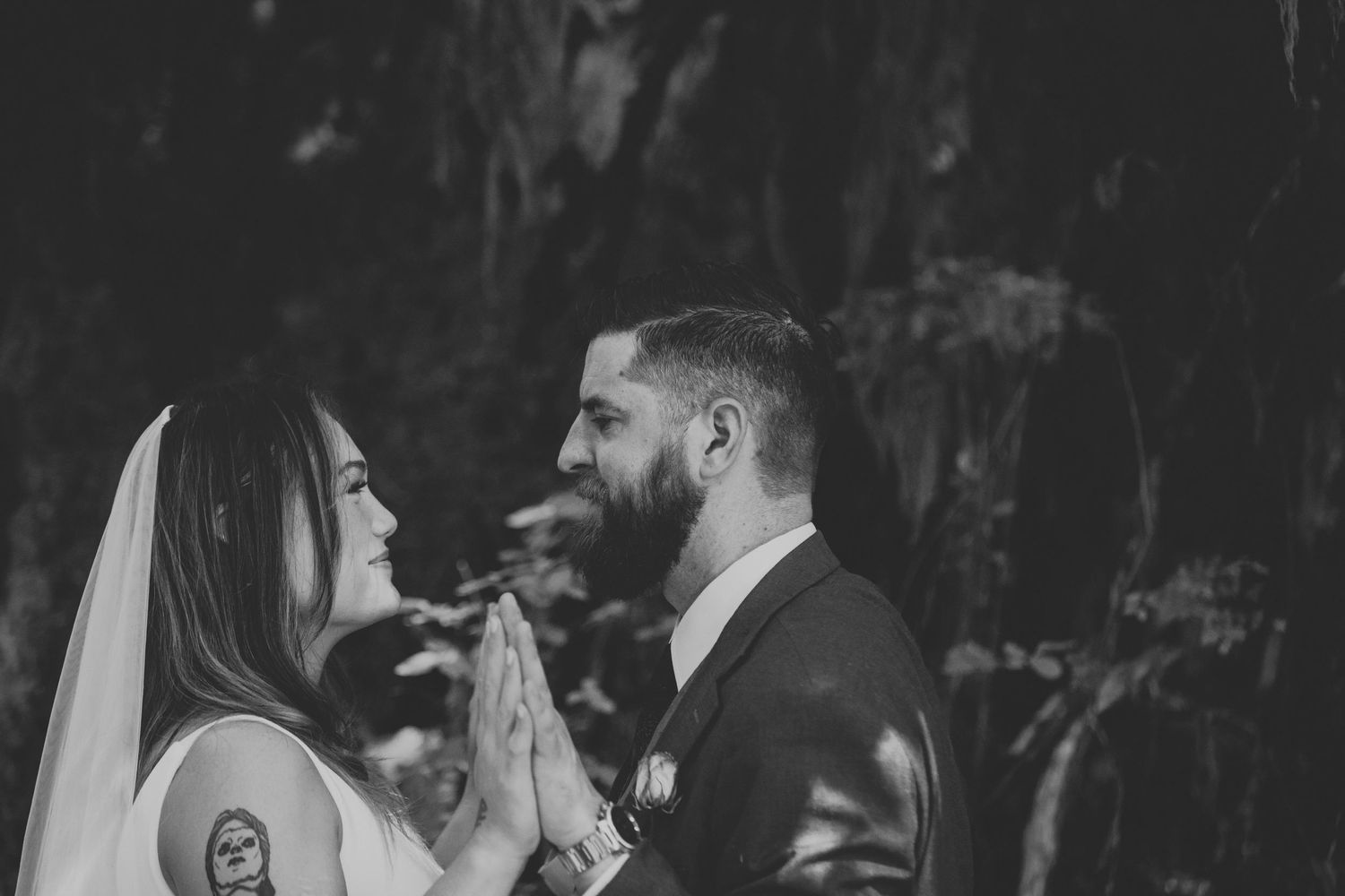 A black and white photography collage showing intimate moments of a couple on their wedding day.