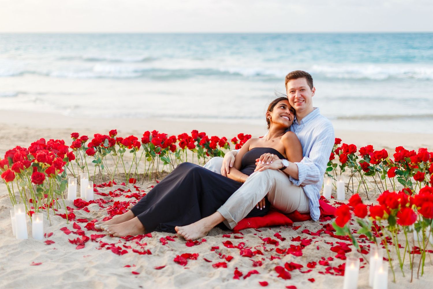 Couples portrait. Marriage proposal on the beach in Isla Verde, Carolina, Puerto Rico.