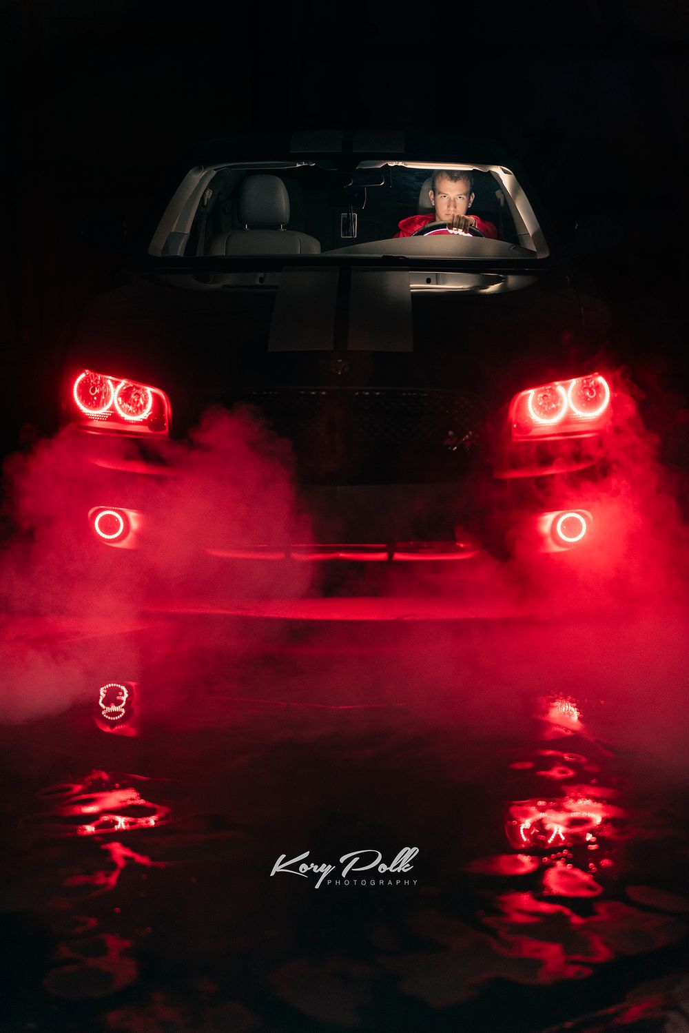 dramatic car photo lighting, fog machine with car, Iowa Senior portrait photographer, Des Moines Senior Portrait Photographer
