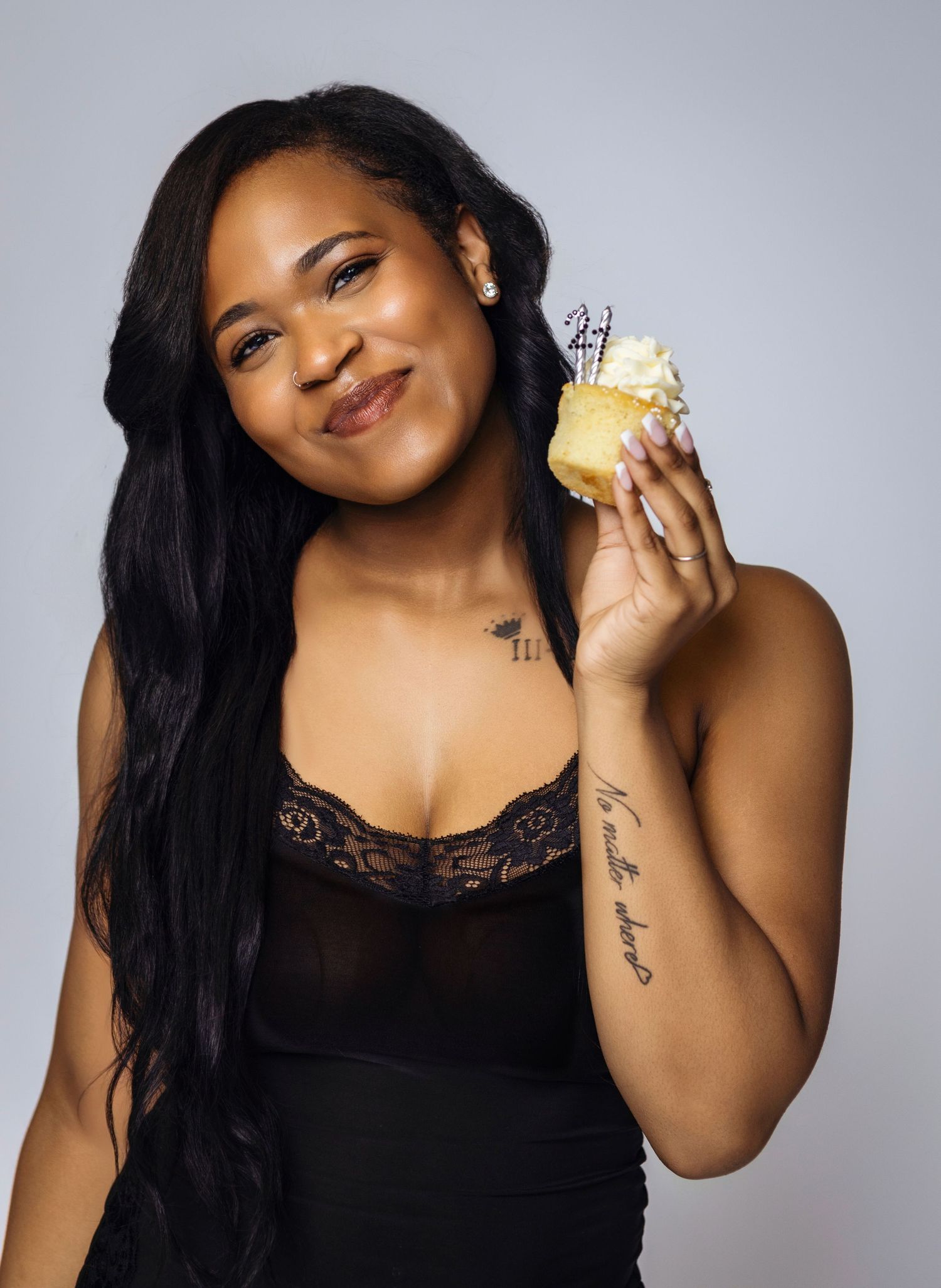 A series of playful portrait photos showing someone in a black top holding a cupcake while smiling.