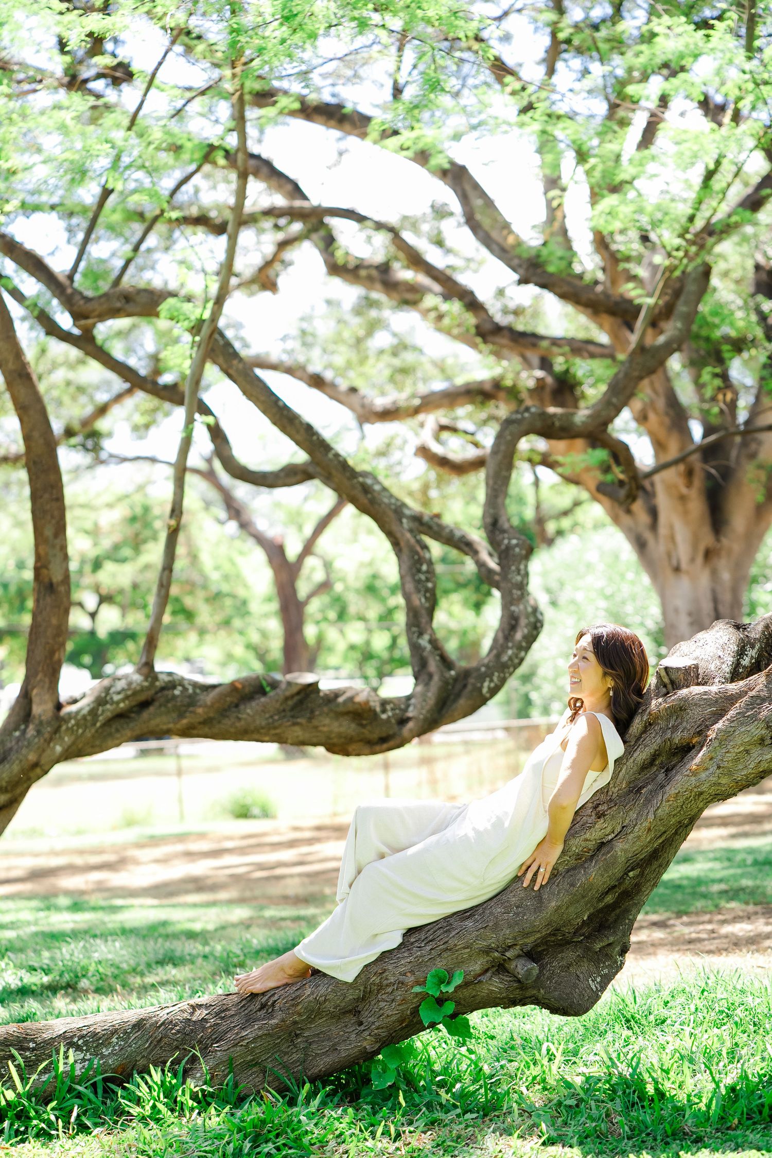 A person in a white dress rests peacefully against a gnarled tree trunk in a sunlit outdoor setting.
Oahu family photographer Hawaii family