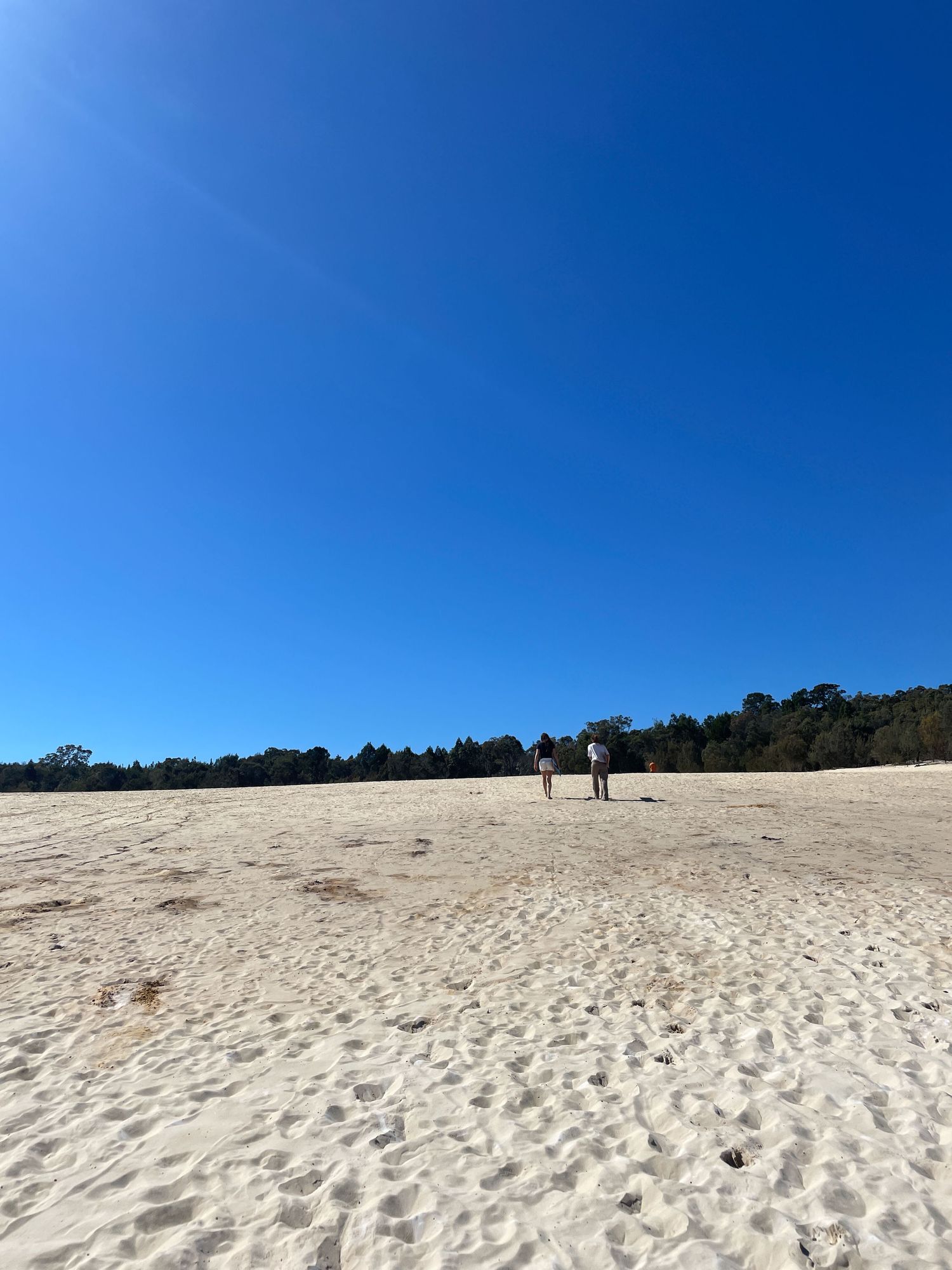 People walking on vast sandy dunes under bright blue sky at a scenic natural area.
