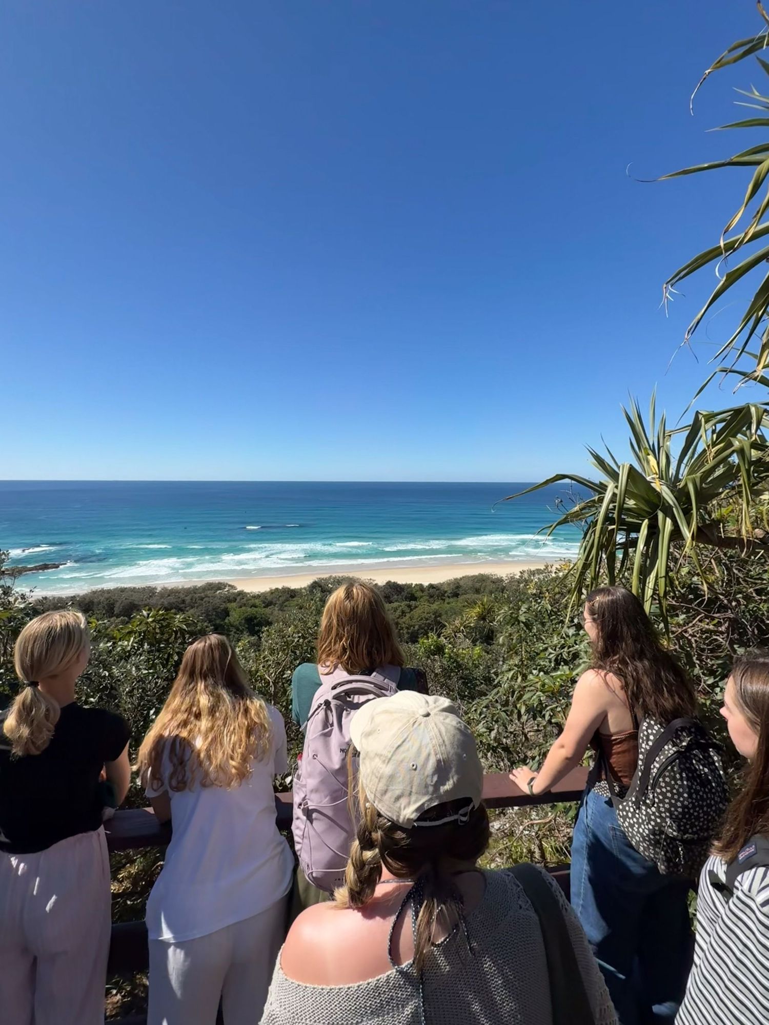 People standing on a coastal lookout point overlooking a turquoise ocean with natural vegetation in the foreground.