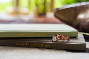 Wedding rings resting on vow books labeled vows to my wife and vows to my husband, elegant rose gold diamond rings.