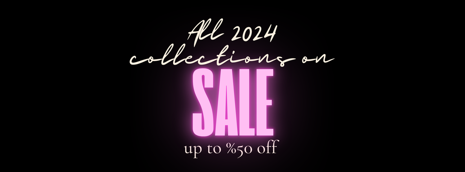 Black promotional banner for 2024 collection sale featuring glowing pink text.